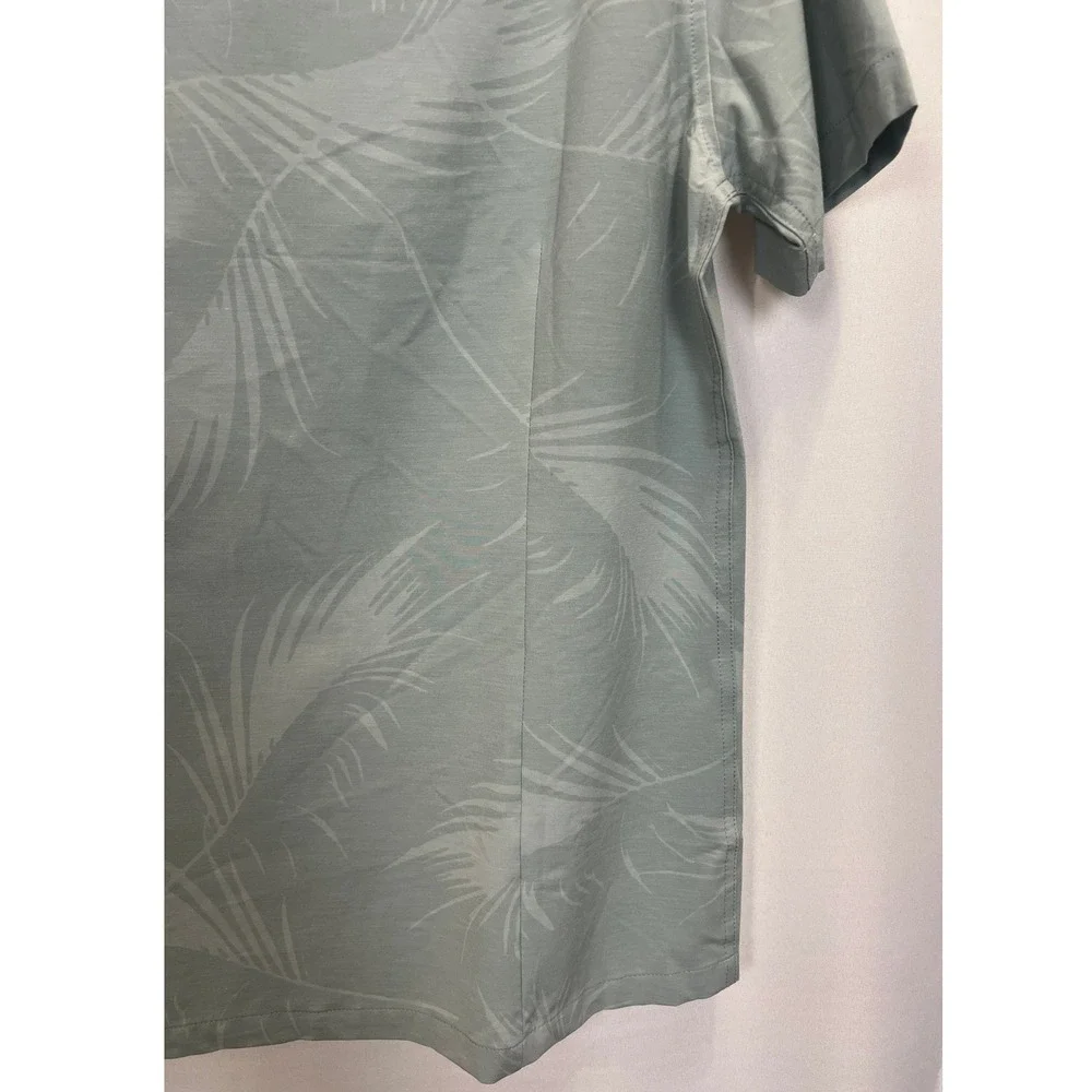 Vuori Mens Short Sleeve Button Up Shirt Sage Green Palm Print Stretch Top